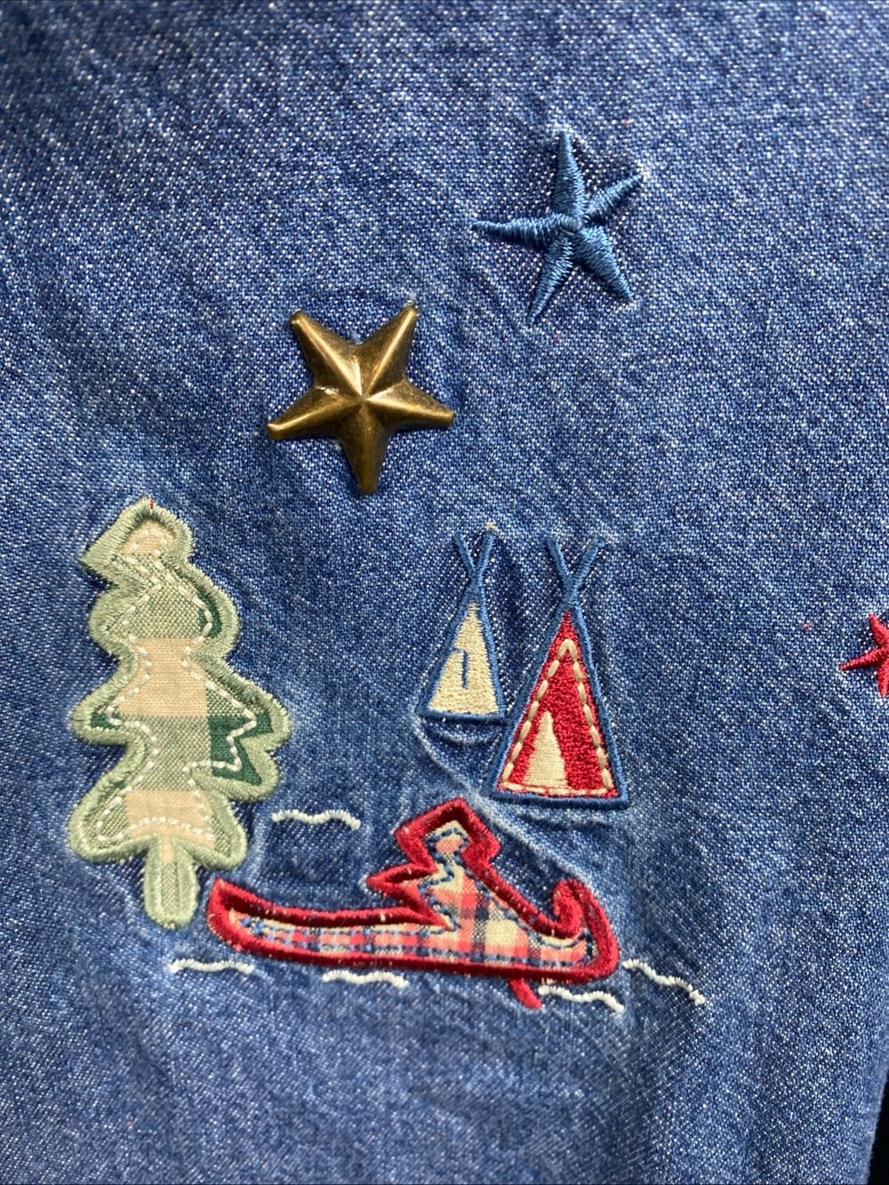 Vintage Denim Embroidered Jacket Camping Button Blue Cottagecore Gorpcore Large - Picture 7 of 10